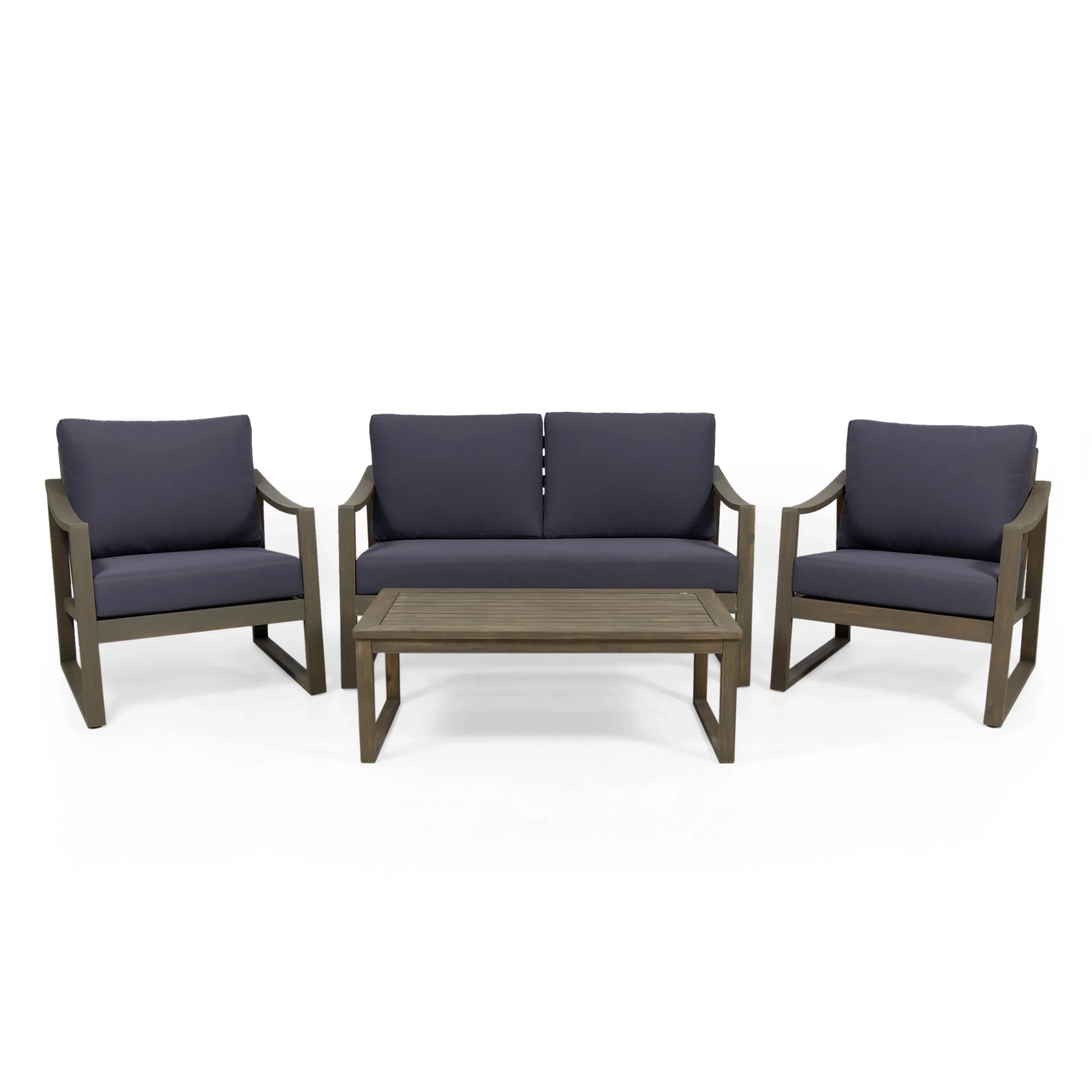 GDF Studio Johnlucas Outdoor Acacia Wood 4 Seater Chat Set with Cushions, Gray and Dark Gray