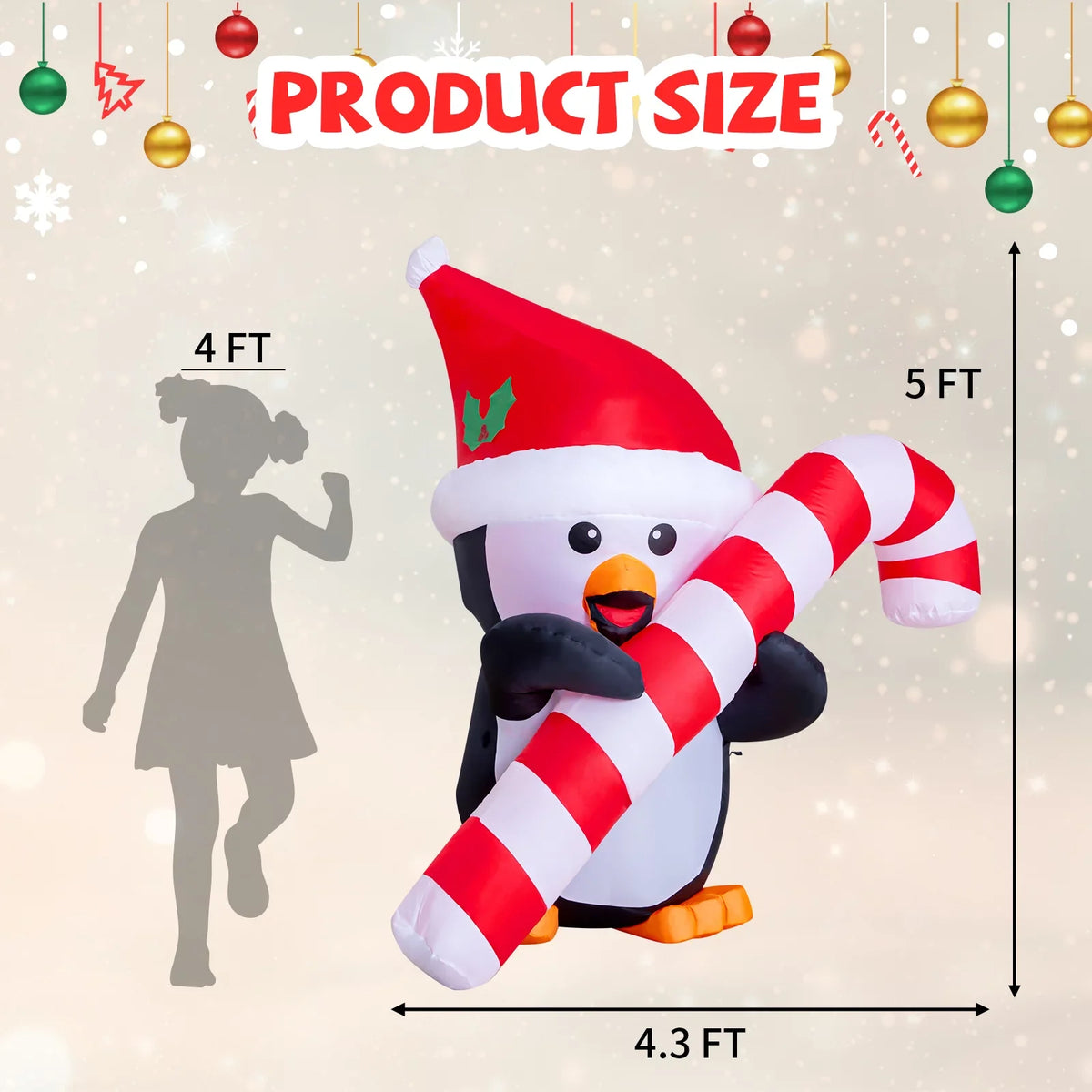 GOOSH 5ft Christmas Inflatables Outdoor Decorations, Blow Up Penguin with Candy Cane Inflatable Built-in LEDs for Christmas Indoor Outdoor Yard Lawn Garden Decorations