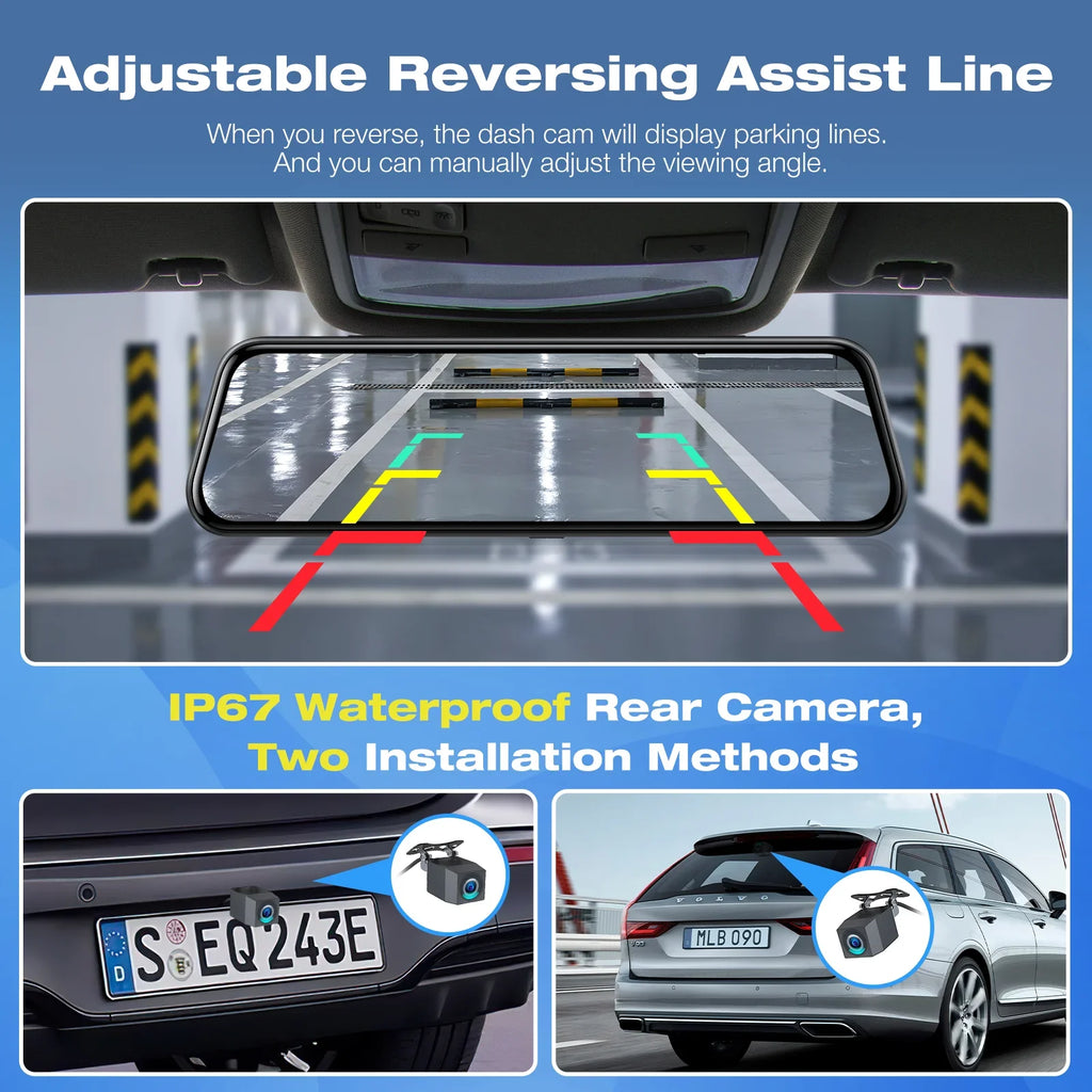 TOGUARD Backup Camera Rear View Mirror Camera, 10" Touch Display 4K+1080P Front and Rear Dash Cam, with 64GB Memory Card, Parking Assist, Parking Monitoring, GPS