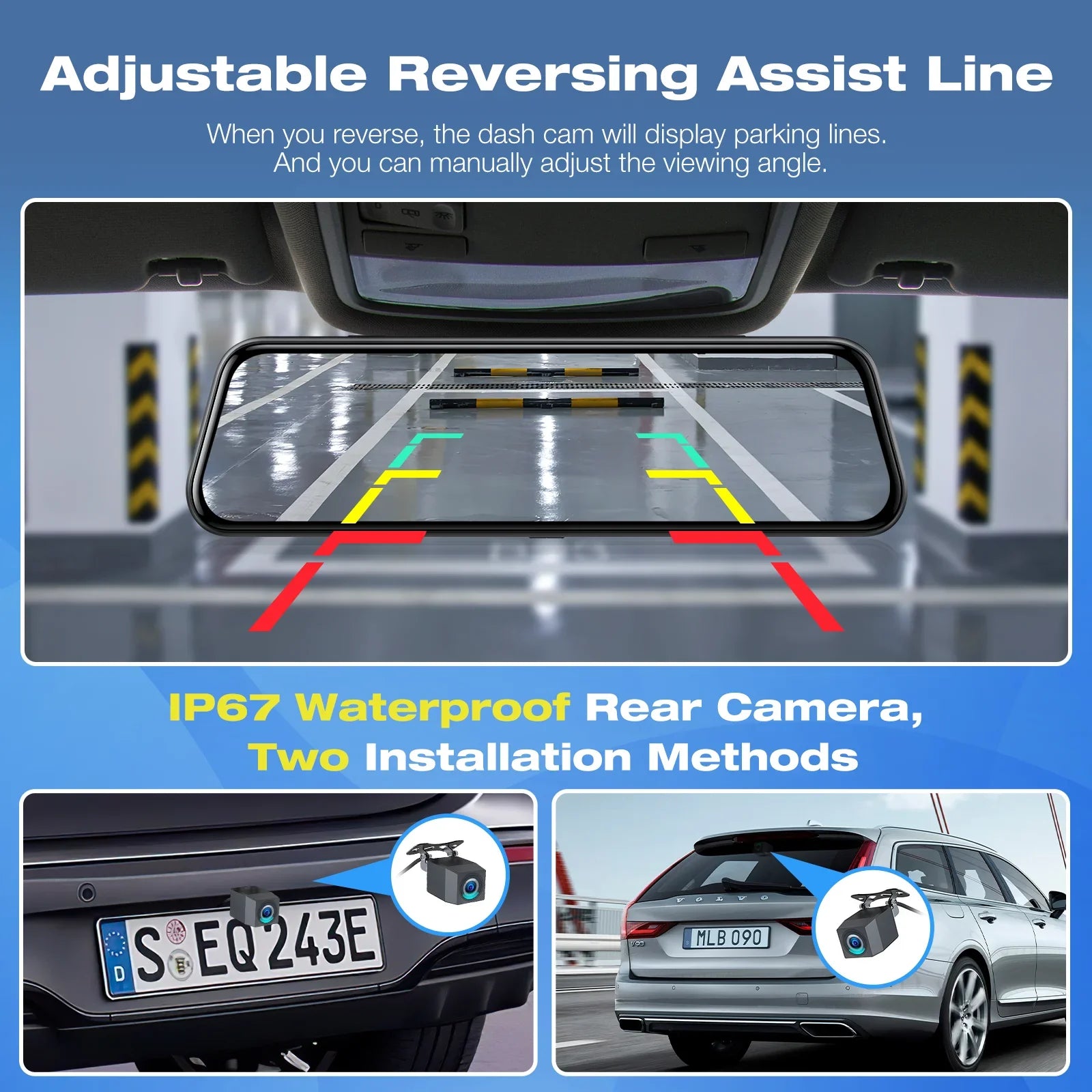 TOGUARD Backup Camera Rear View Mirror Camera, 10" Touch Display 4K+1080P Front and Rear Dash Cam, with 64GB Memory Card, Parking Assist, Parking Monitoring, GPS