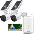 {100% Wire-Free Solar Powered} 2pcs camera system, 2-Way Audio with Antennas, 2K 3.0MP Solar Powered Wireless Camera with Rechargeable Batteries