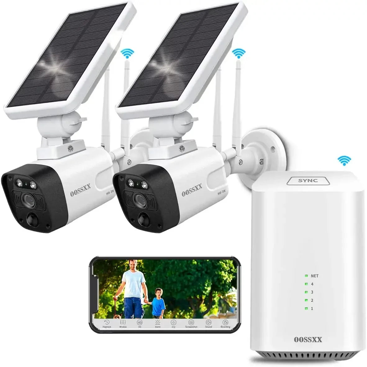 {100% Wire-Free Solar Powered} 2pcs camera system, 2-Way Audio with Antennas, 2K 3.0MP Solar Powered Wireless Camera with Rechargeable Batteries