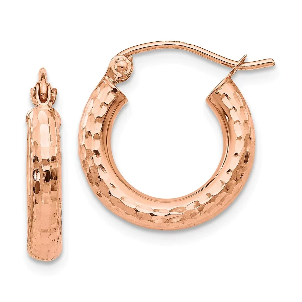 Real 14kt Rose Gold Polished Lightweight Small Diamond-cut Tube Hoop Earrings; for Adults and Teens; for Women and Men