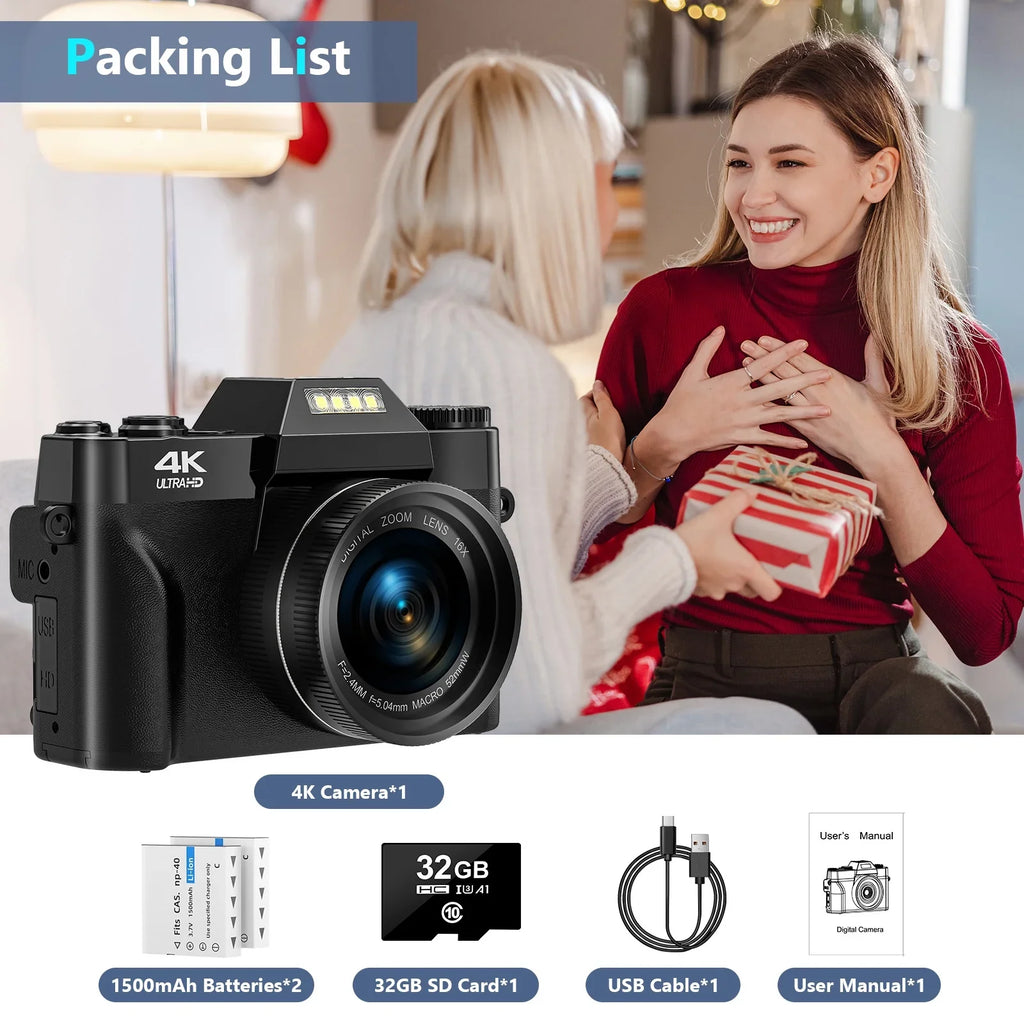 MARVUE Digital Video Camera for Youtube 4K Video Camera 48MP 30FPS Vlogging Camera Camcorder with 32GB SD Card and 2 Batteries