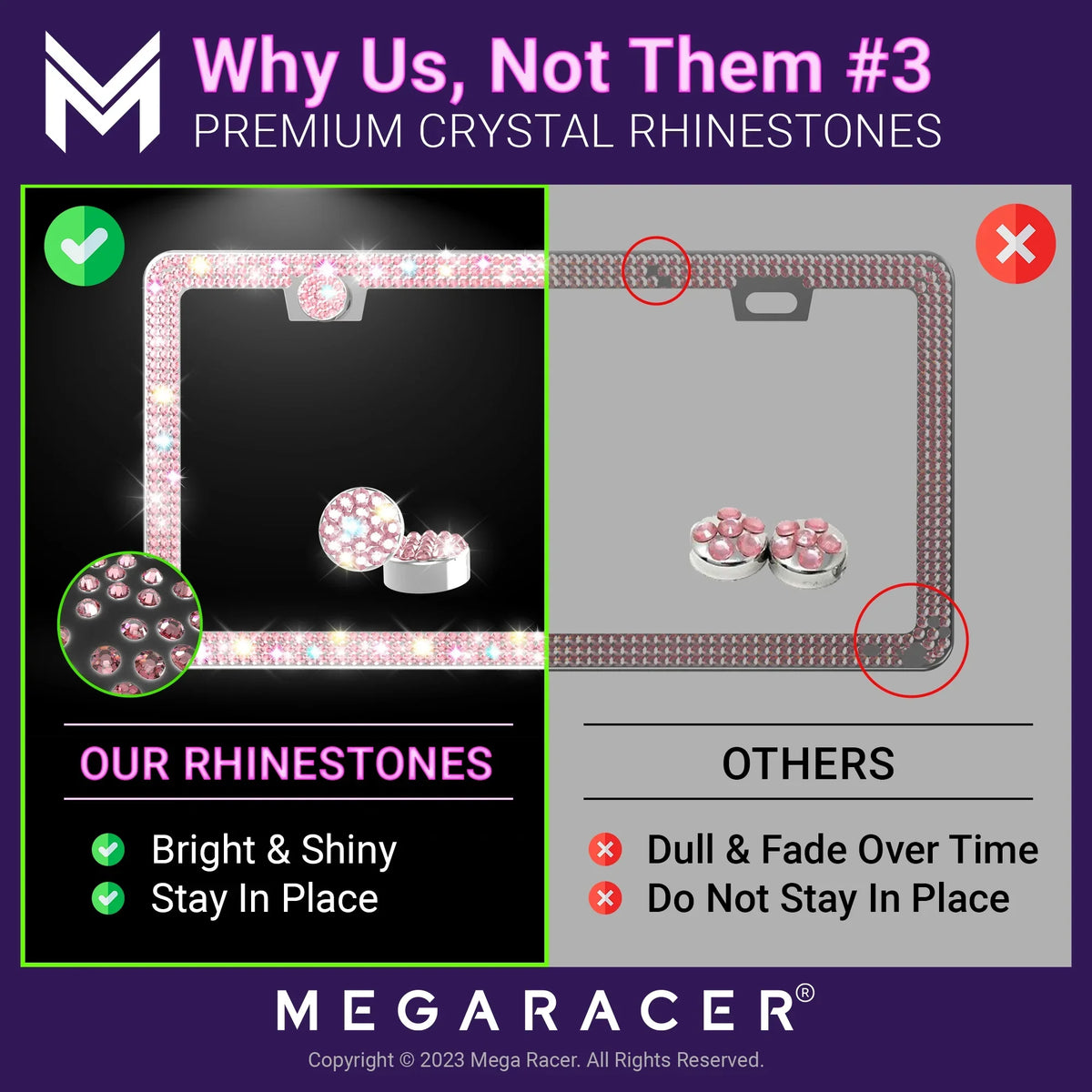 Mega Racer Nissan Rogue Bling License Plate Memory Diamond Pink Rhinestones, 2 Holes with Mounting Screws, Nissan Rogue 2008 - 2023 08 - 23 Sparkly Car License Plate Memory