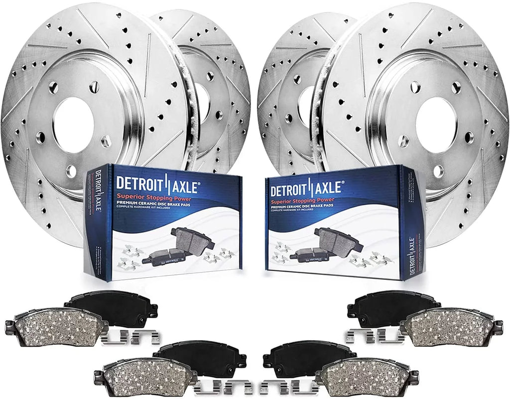 Detroit Axle - Brake Kit for 09-14 16-19 Nissan Maxima Drilled Slotted Brake Rotors Random Access Memory Brakes Pads 2009-2014 2016 2017 2018 2019 Front Rear Replacement: 12.56" Front 12.12" Rear Rotors