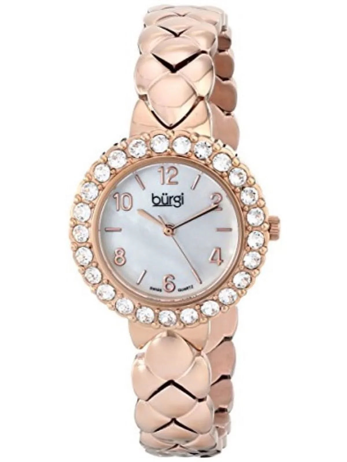 Women's BUR113RG Crystal Accented Rose Gold Swiss Quartz Watch with White Mother of Pearl Dial and Rose Gold Bracelet