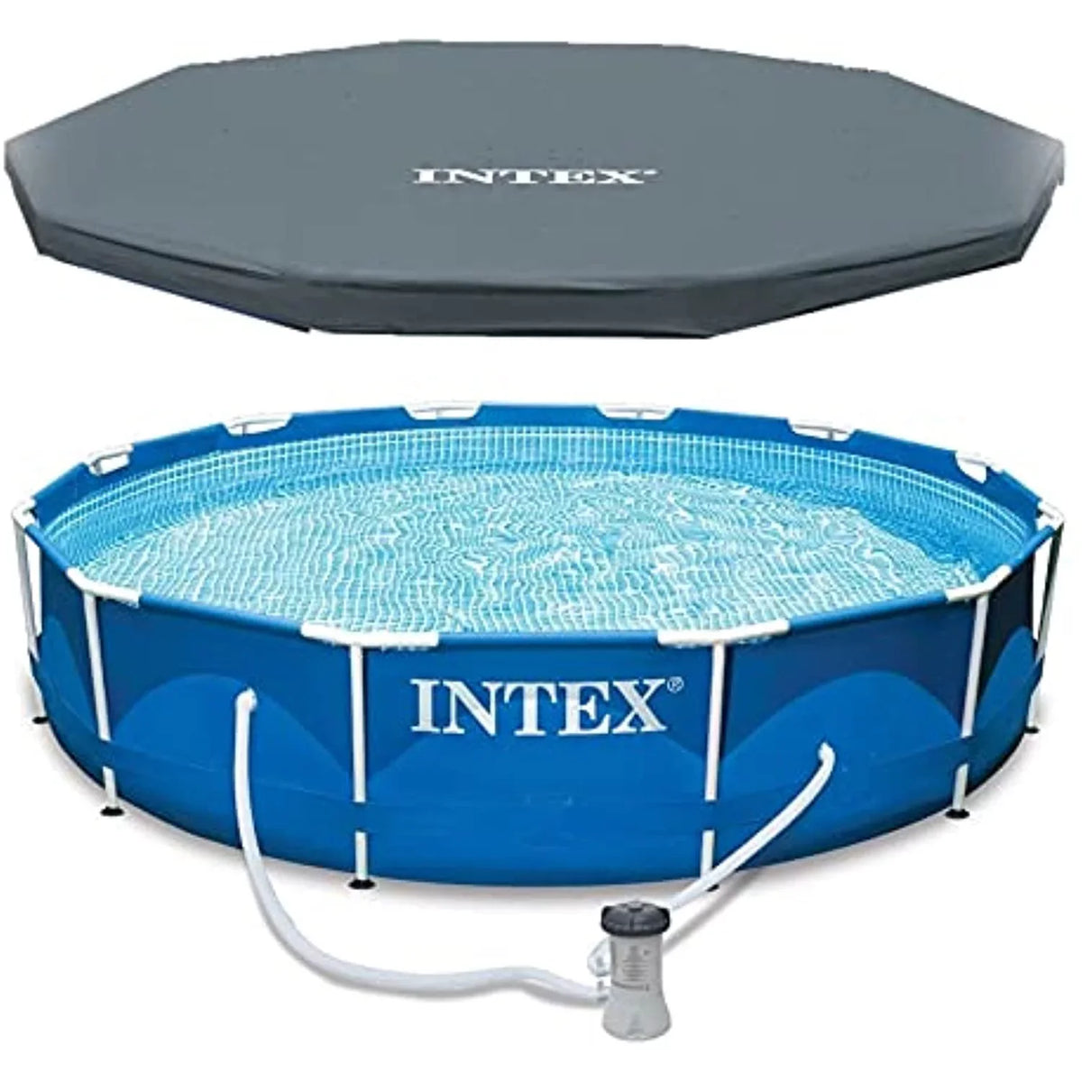 Intex 12 Ft x 30 Inches Metal Random Access Memory Set Above Ground Swimming Pool with Filter & Cover