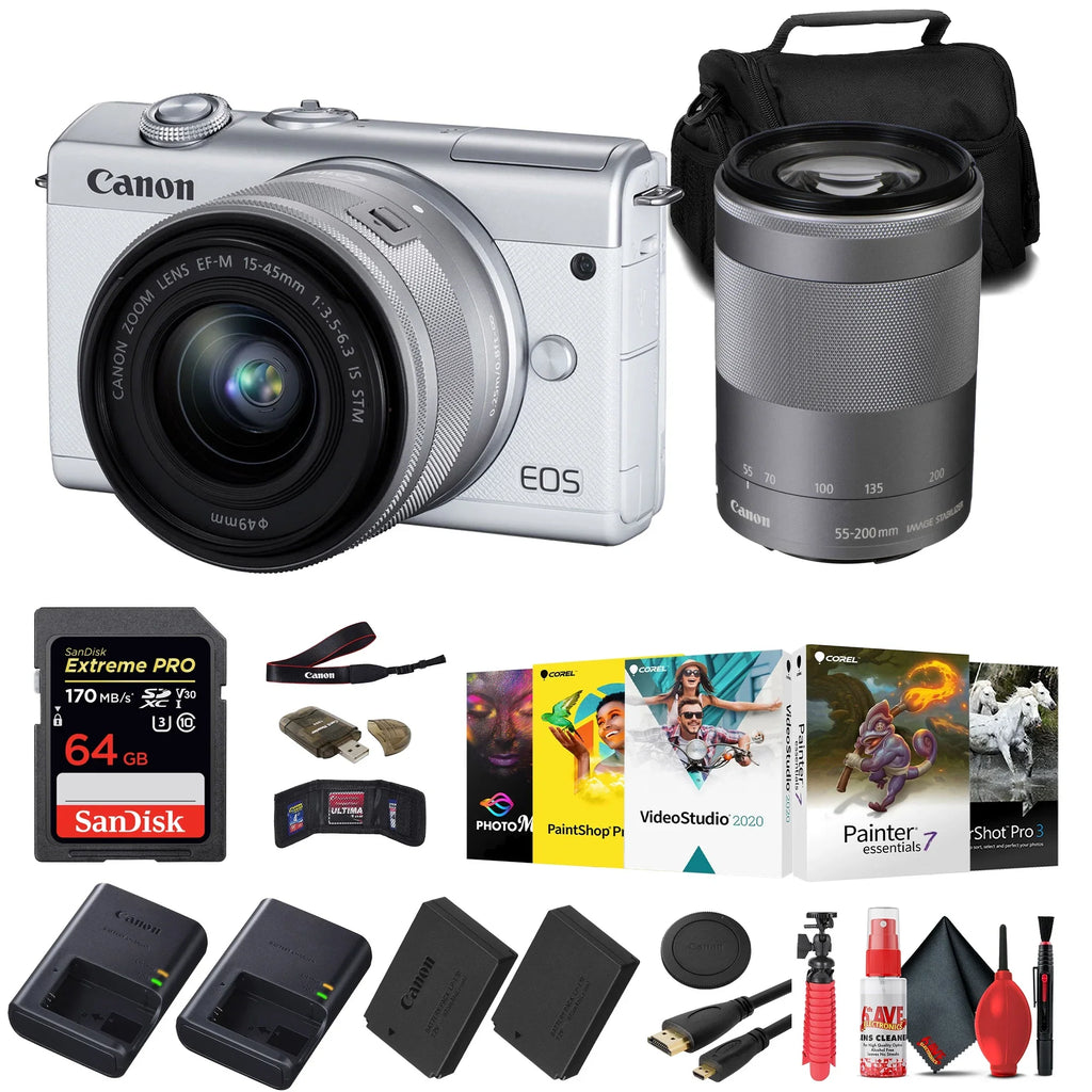 Canon EOS M200 Mirrorless Camera with 15-45mm and 55-200mm Lenses (White) (3700C009) + 64GB Card + Charger + LPE12 Energy Source + Card Reader + Processor Photo Software + HDMI Cable + Case + More