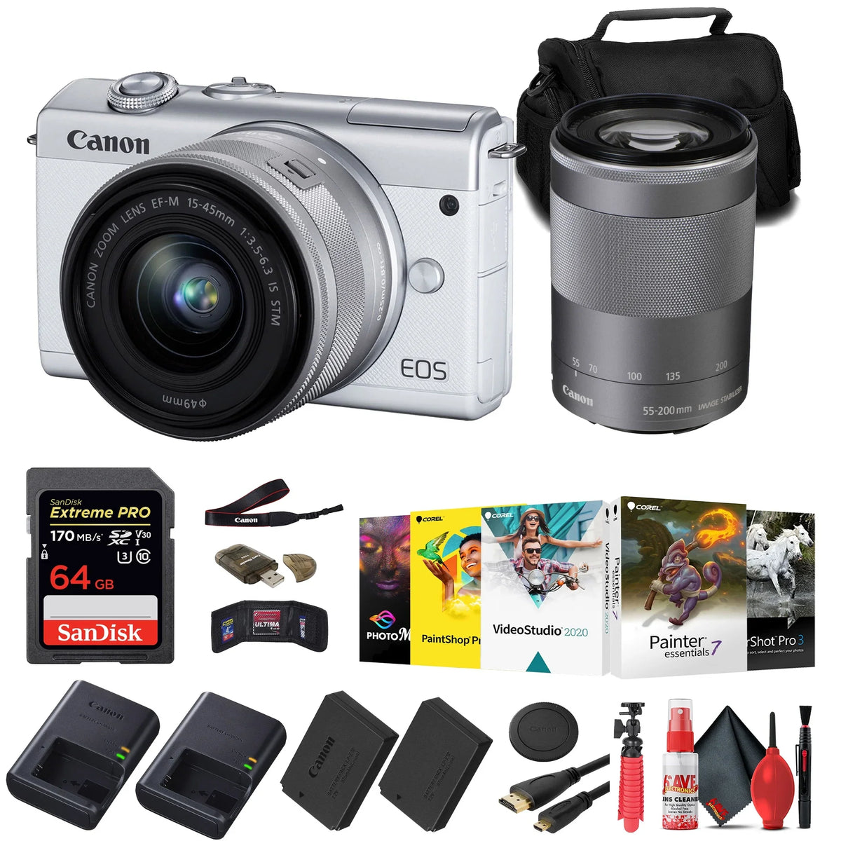 Canon EOS M200 Mirrorless Camera with 15-45mm and 55-200mm Lenses (White) (3700C009) + 64GB Card + Charger + LPE12 Energy Source + Card Reader + Processor Photo Software + HDMI Cable + Case + More