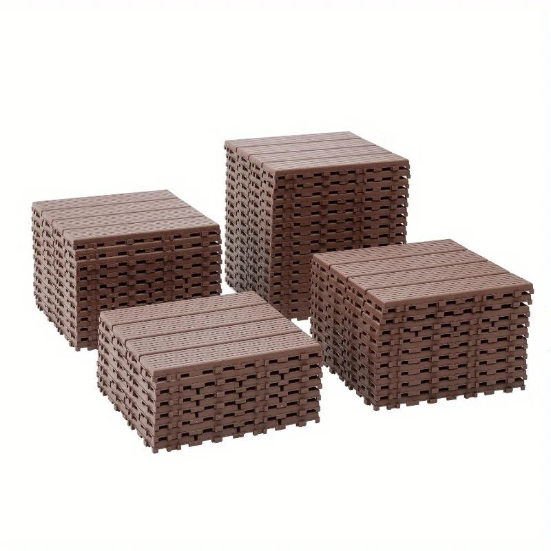 44 PCS Plastic Interlocking Deck Tiles-11.8"x11.8"Waterproof Outdoor Floor All Weather Use,Patio Floor Decking Tiles for Porch Poolside Balcony Backyard,Stripe Texture,Brown