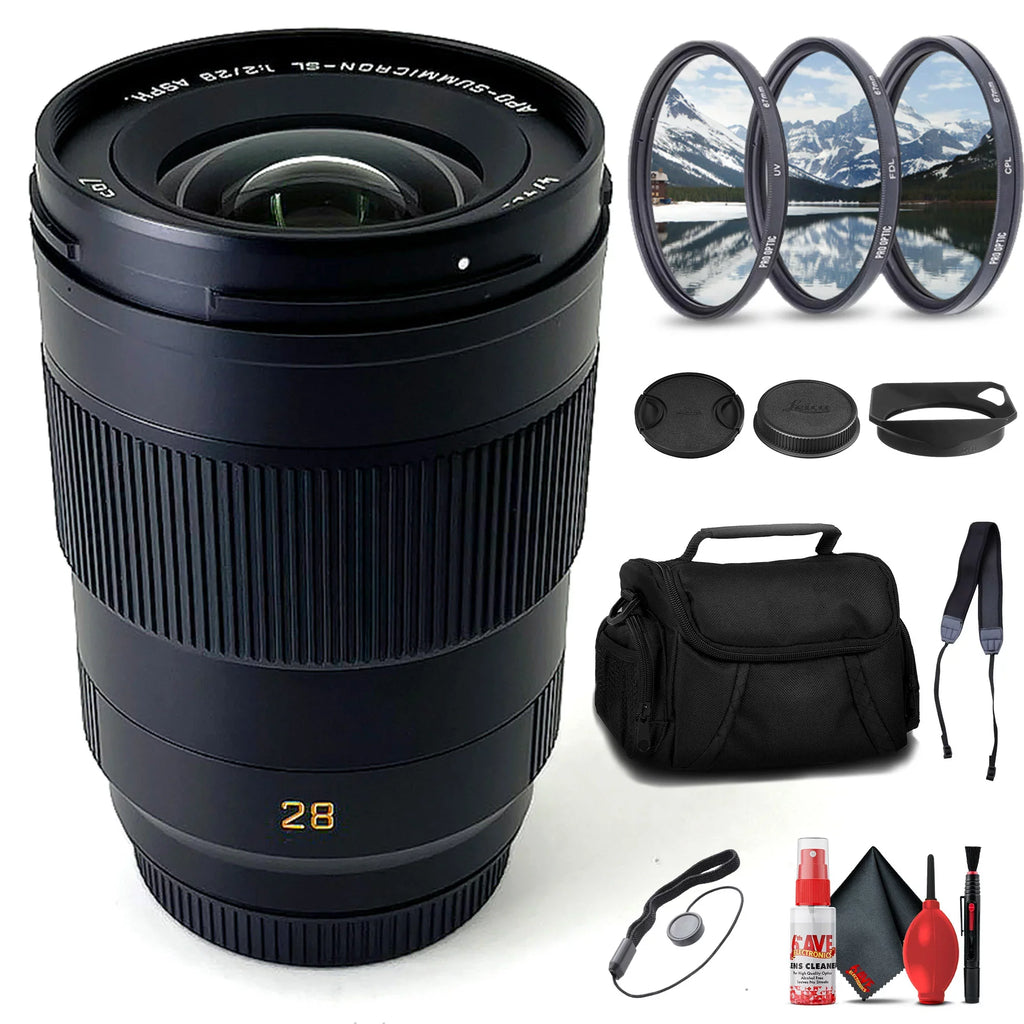 Leica APO-Summicron-SL 28mm f/2 Aspherical Lens + Padded Medium Sized Case + 67mm 3-Piece Filter Kit + Lens Cap Keeper + 6Ave Cleaning Kit