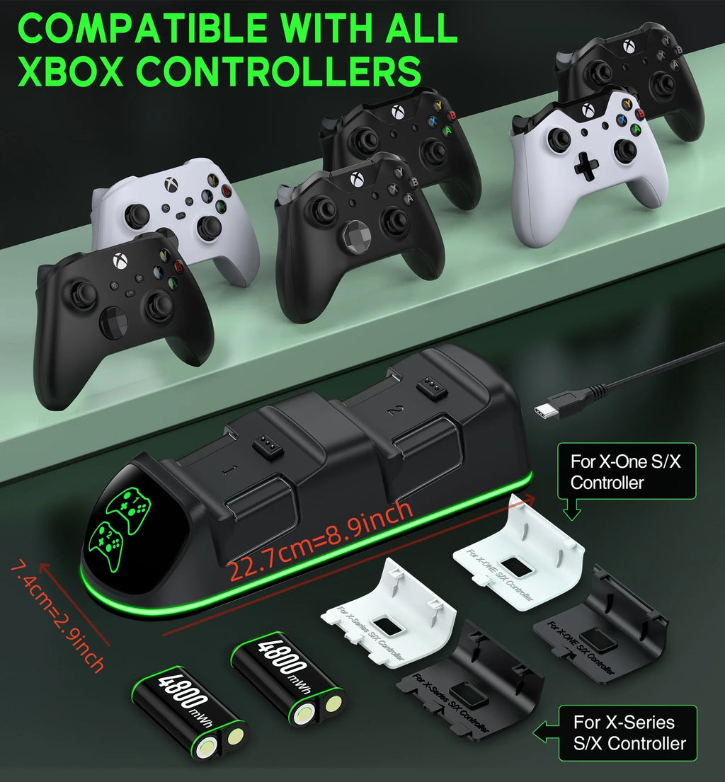 DinoFire Xbox Controller Charging Station with 2x4800mWh Rechargeable Cell Packs, Xbox Series X Controller Charger for Xbox Series X|S/Xbox one/Elite