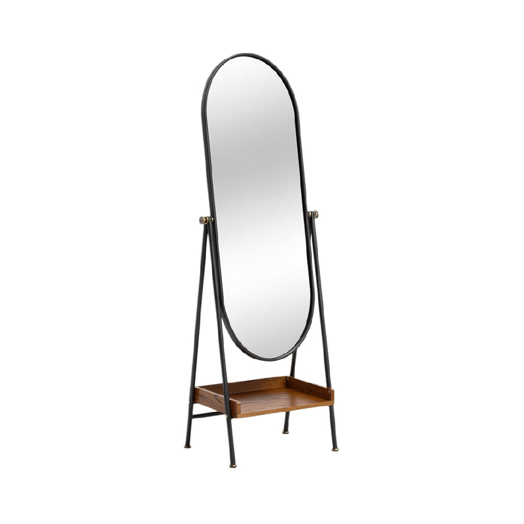 Modern Freestanding Oval Mirror with Wooden Storage Base