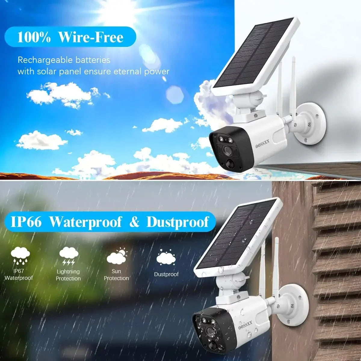 {100% Wire-Free Solar Powered} 2pcs camera system, 2-Way Audio with Antennas, 2K 3.0MP Solar Powered Wireless Camera with Rechargeable Batteries