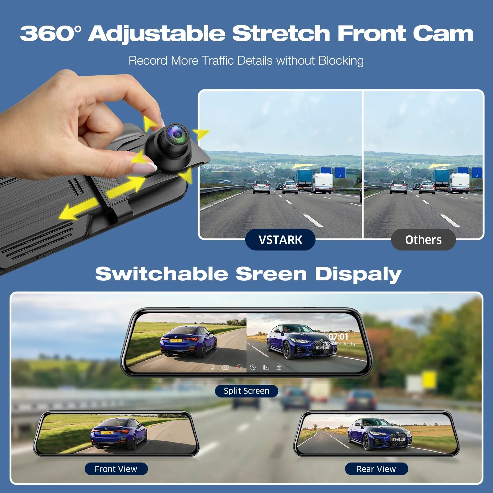 TOGUARD Backup Camera Rear View Mirror Camera, 10" Touch Display 4K+1080P Front and Rear Dash Cam, with 64GB Memory Card, Parking Assist, Parking Monitoring, GPS