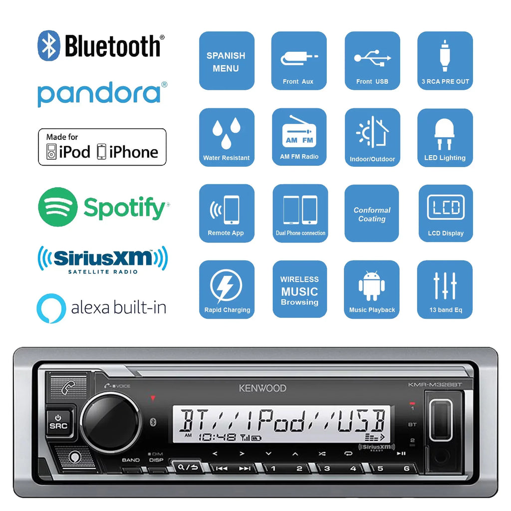 Kenwood KMR-M328BT Single DIN Marine/MotorSports SiriusXM Ready USB Bluetooth Digital Media Receiver, 2x 6.75" 2-Way 260 Watts Max Power Marine Black LED Speakers, Antenna, Speaker Wire