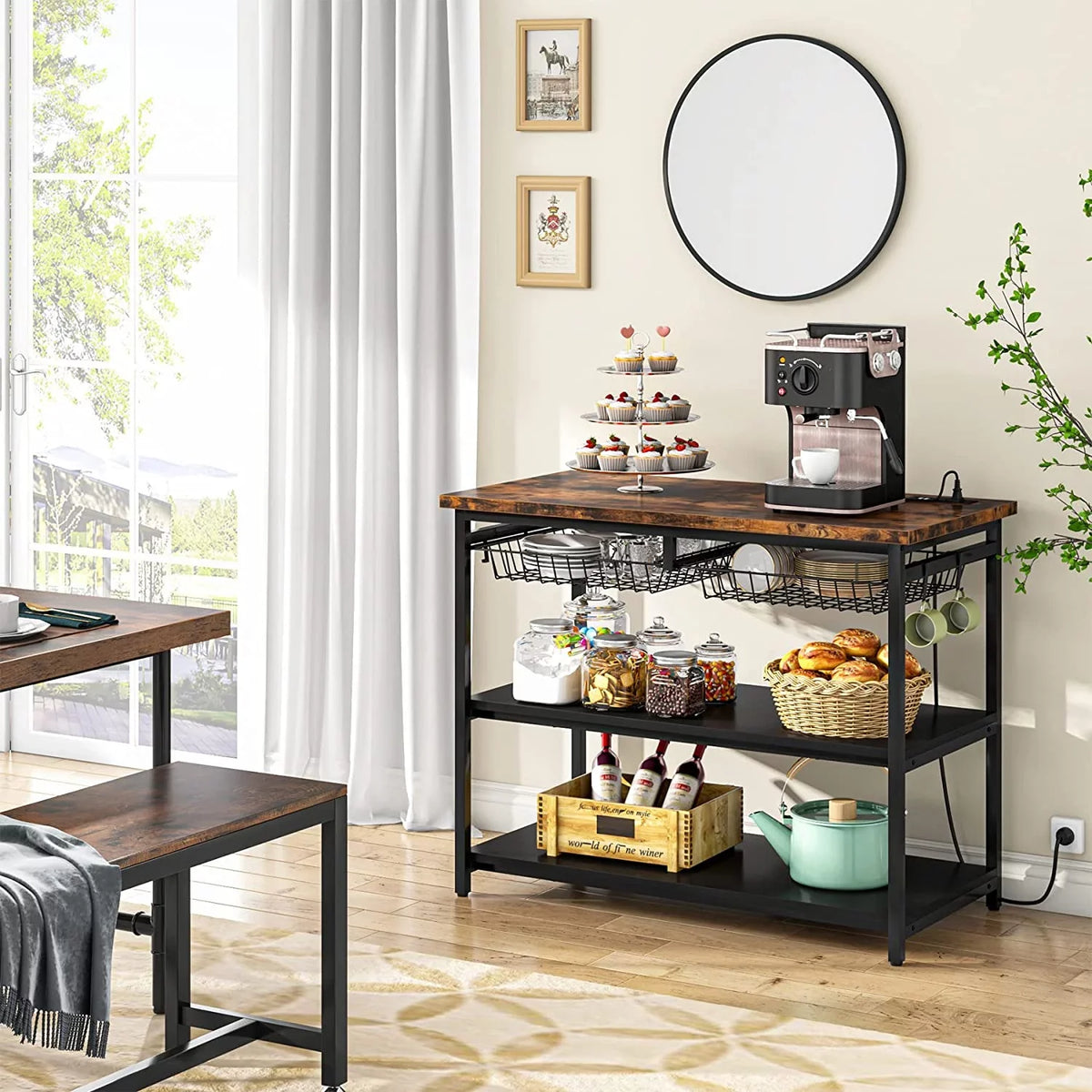 TJUNBOLIFE Kitchen Island with Industrial Island Table with Power Outlets and Wire Baskets 3 Tier Microwave Oven Stand Butcher Block Island with Large Worktop 4 Hooks Rustic Brown