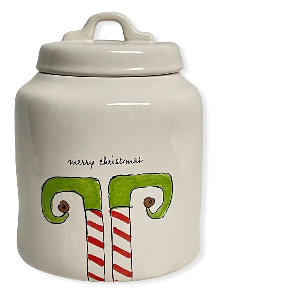 Rae Dunn MERRY CHRISTMAS ELF White Storage LL Canister With Black Letters