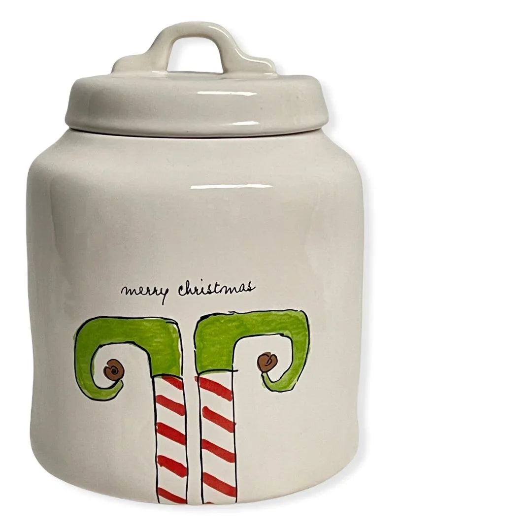 Rae Dunn MERRY CHRISTMAS ELF White Storage LL Canister With Black Letters