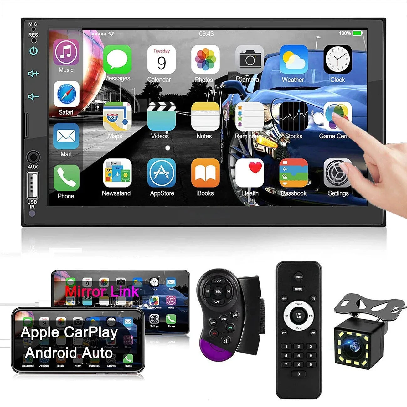 Double 2Din 7" Car Stereo Android/Apple Carplay Radio Touch Panel Player + 12LED Camera