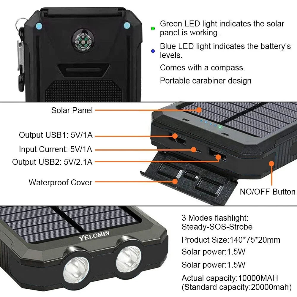 500000mAh USB External Solar Power Bank LED Power Unit Charger for Cell Phone
