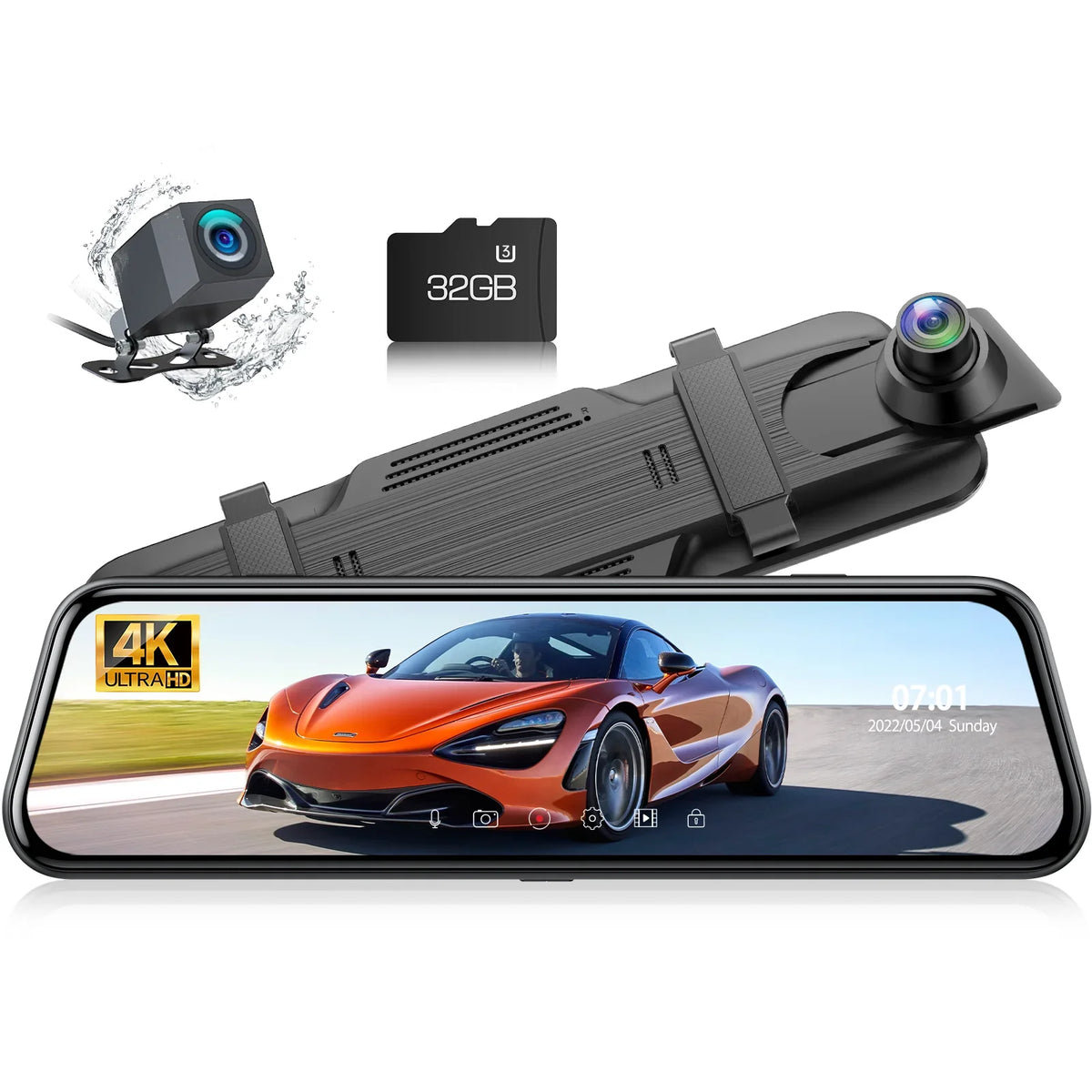 TOGUARD Backup Camera Rear View Mirror Camera, 10" Touch Display 4K+1080P Front and Rear Dash Cam, with 64GB Memory Card, Parking Assist, Parking Monitoring, GPS