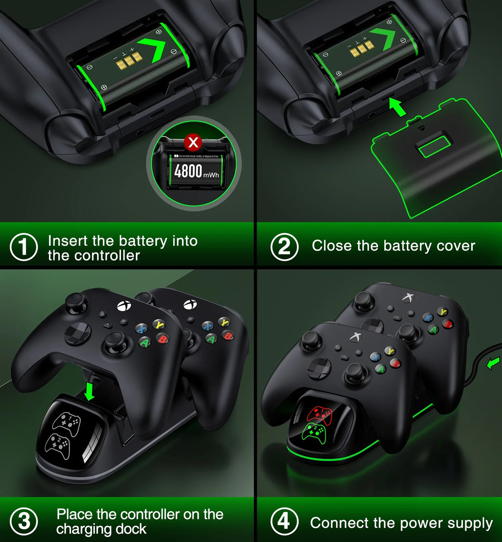 DinoFire Xbox Controller Charging Station with 2x4800mWh Rechargeable Cell Packs, Xbox Series X Controller Charger for Xbox Series X|S/Xbox one/Elite
