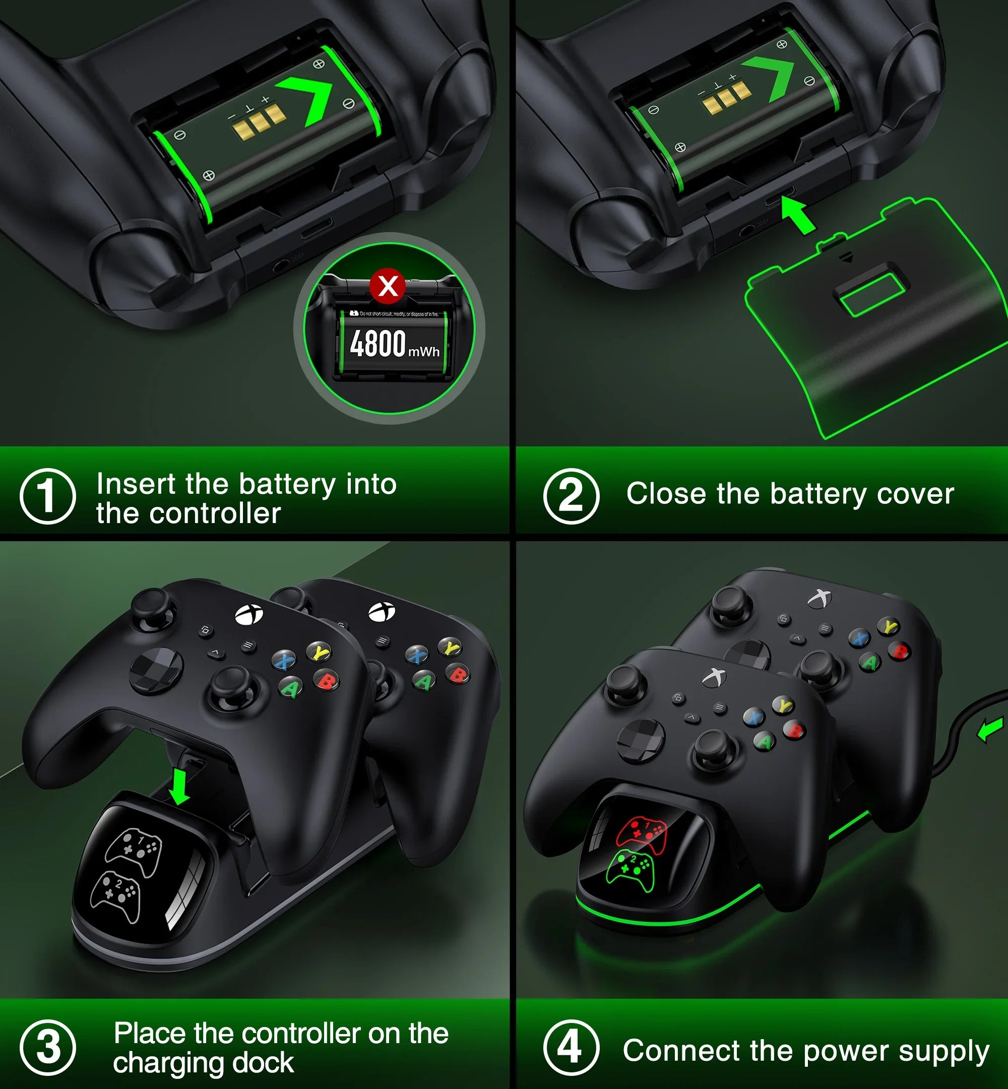 DinoFire Xbox Controller Charging Station with 2x4800mWh Rechargeable Cell Packs, Xbox Series X Controller Charger for Xbox Series X|S/Xbox one/Elite