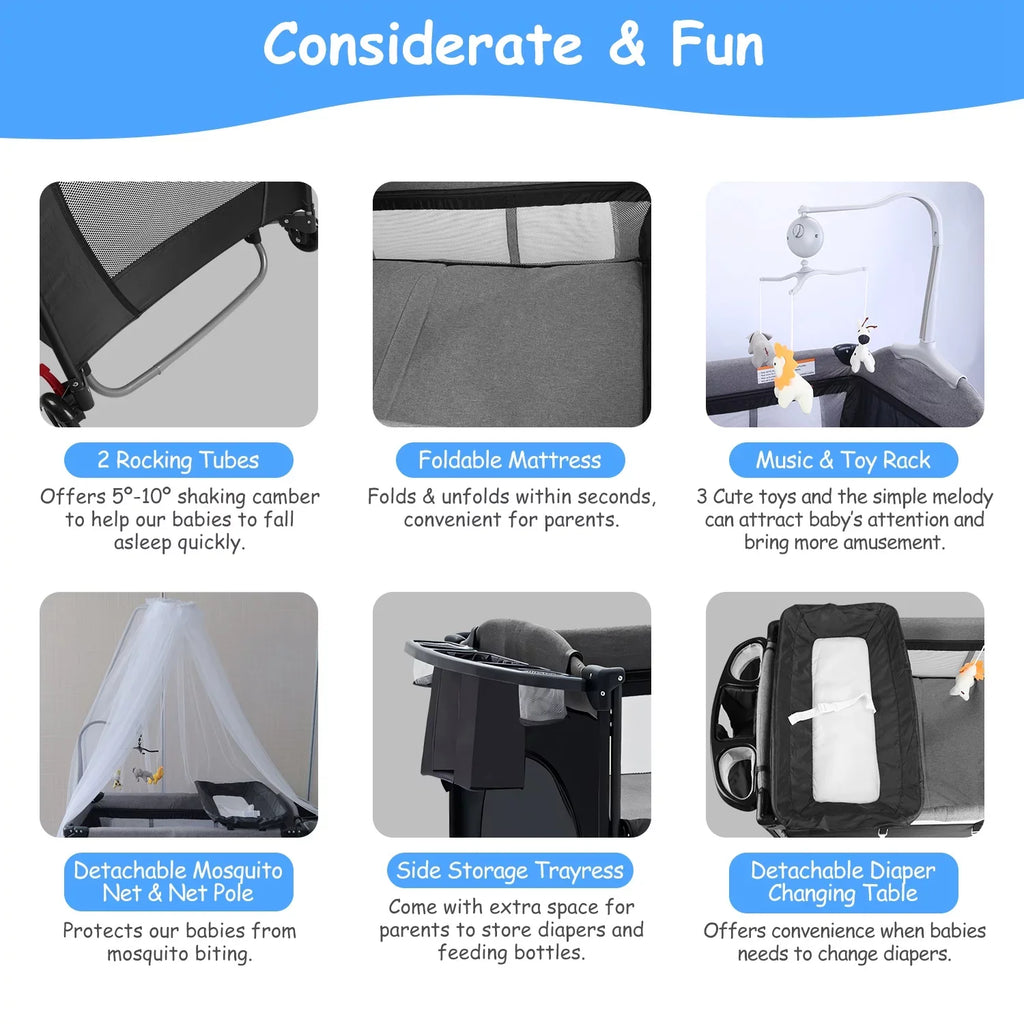 iMounTEK 6 In 1 Portable Babe Nursery Center Play Yard, Foldable Babe Crib Include Wheels, Canopy, Music Box, Toys Storage Trayand Changing