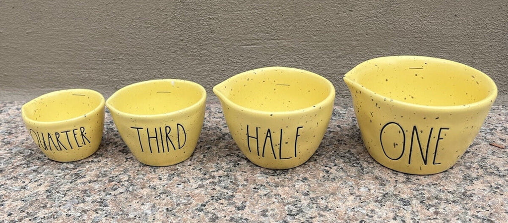 Rae Dunn Yellow Speckled Random Access Memory Measuring Cups Black Lettering 4-piece set includes 1 each of One Half Third Quarter Cup Kitchen