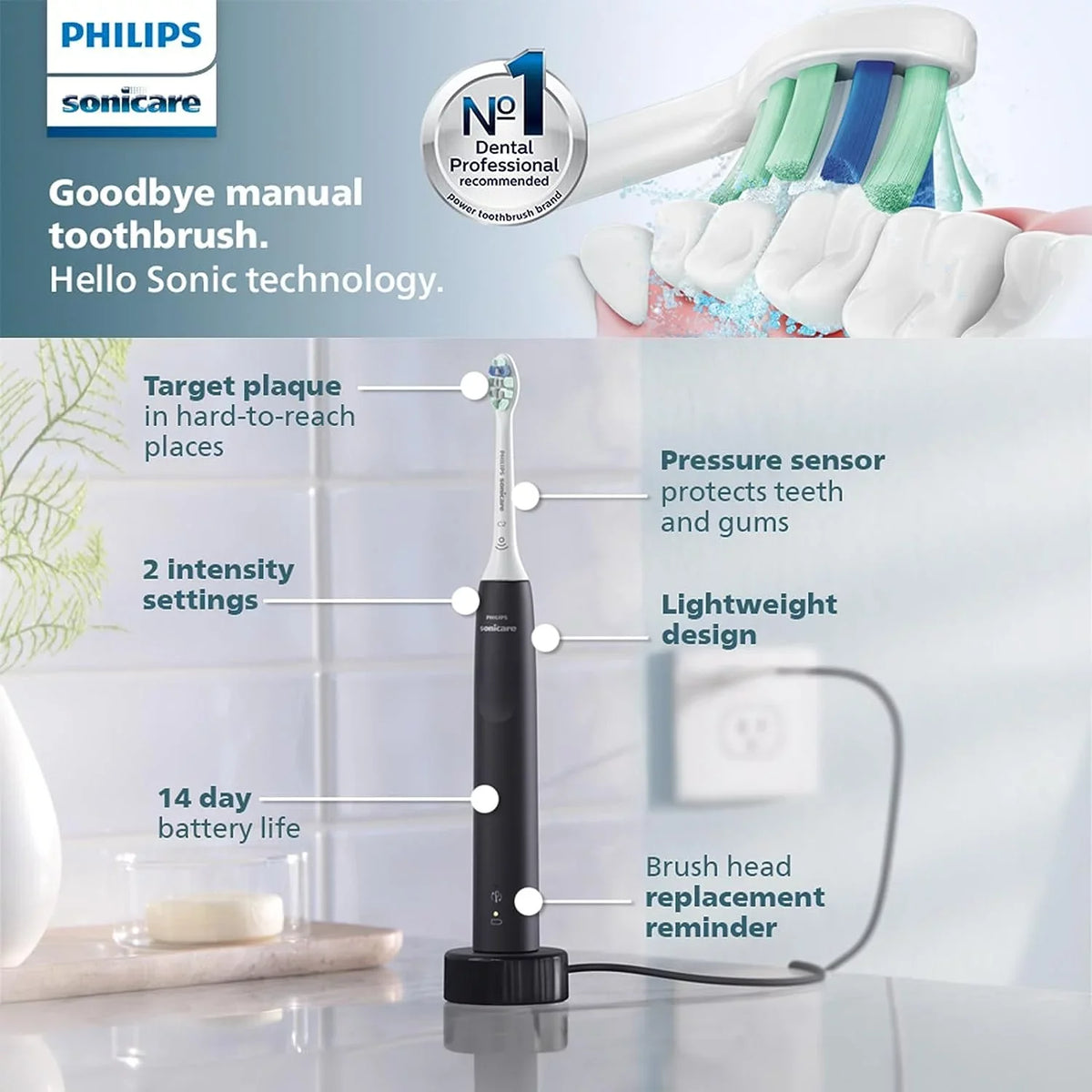 Philips Sonicare 4100 Power Toothbrush, Rechargeable Electric Toothbrush with Pressure Sensor, Black