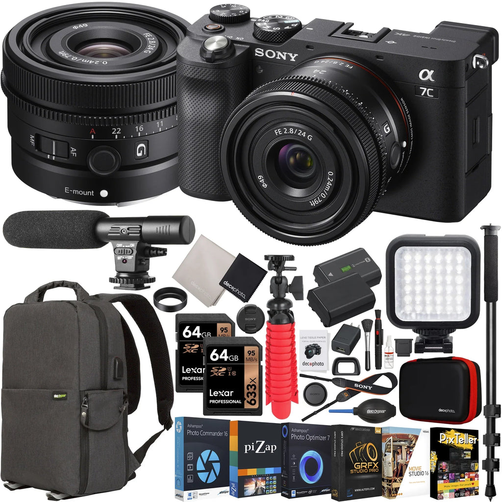 Sony a7C Mirrorless Full Random Access Memory Camera Body with Sony FE 24mm F2.8 G Compact Lens SEL24F28G Black ILCE7C/B Bundle with Deco Gear Photography Backpack Case + Microphone + LED + Monopod and Accessories