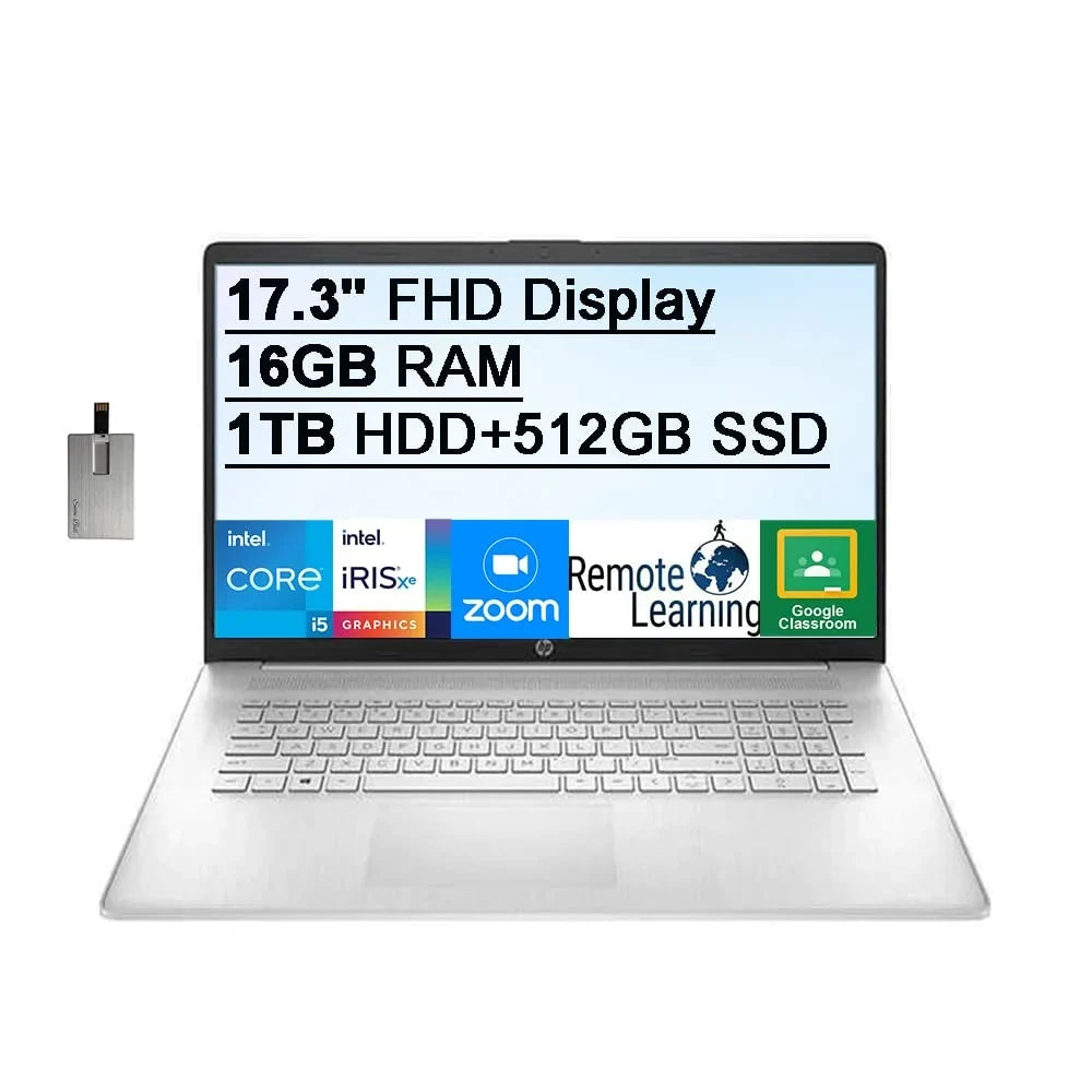 2021 HP 17.3" FHD IPS 250 Nits Computer, Processor -1155G7 Processor, 16GB Storage 1TB HDD+512GB Solid Storage Backlit Keyboard, Iris Xe Graphics, HD Webcam, HD Audio, Win11, Silver, 32GB USB Card