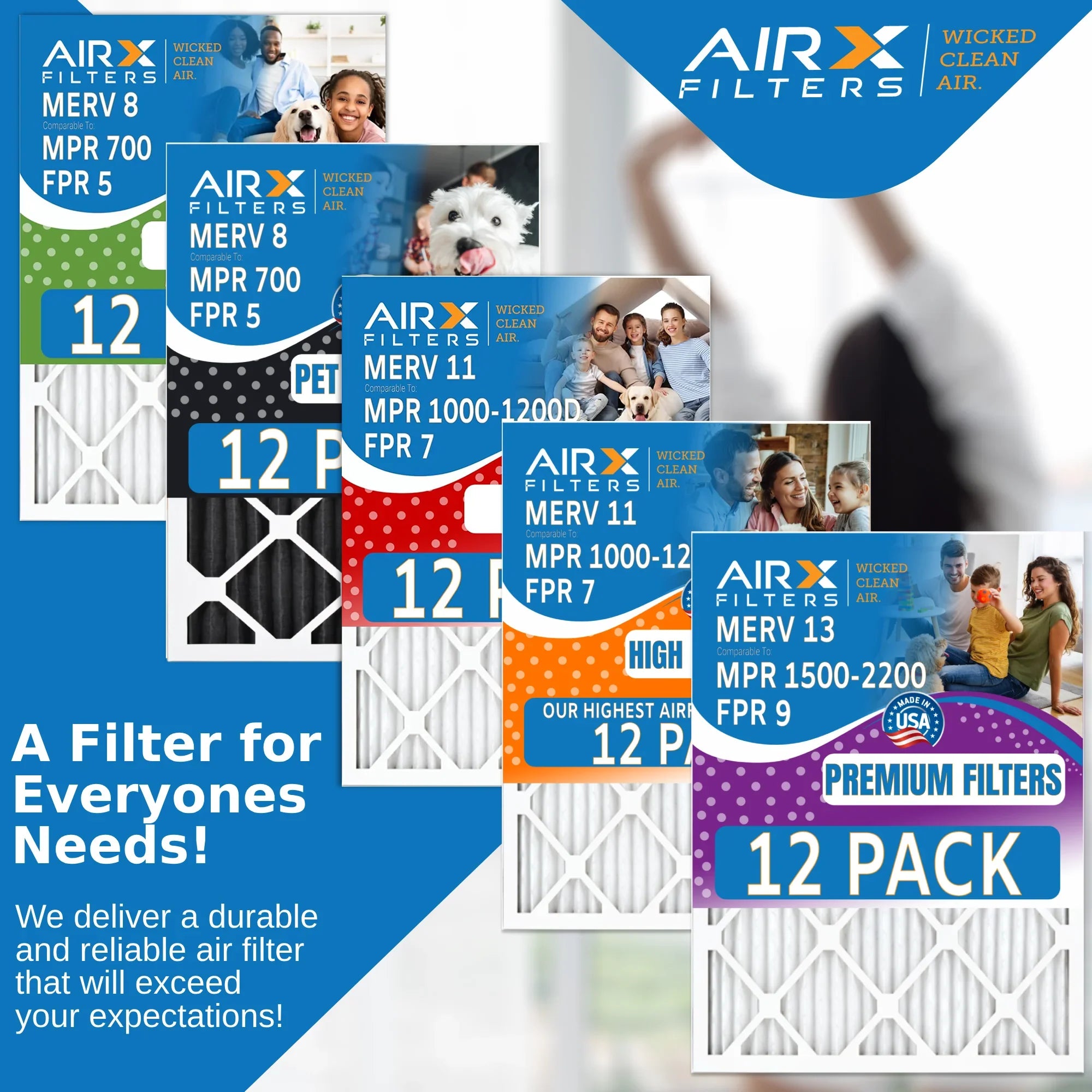 14x25x1 Air Filter MERV 13 Rating, 12 Pack of Furnace Filters Comparable to MPR 1500 - 2200 & FPR 9 - Made in USA by AIRX FILTERS WICKED CLEAN AIR.