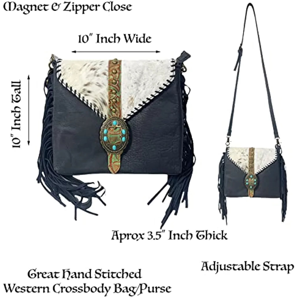 Urbalabs Western Crossbody Fringe Buckle Cowhair Leather Messenger Teal Stone Tooled Tote Bag Hand Stitched Purses (Blue)