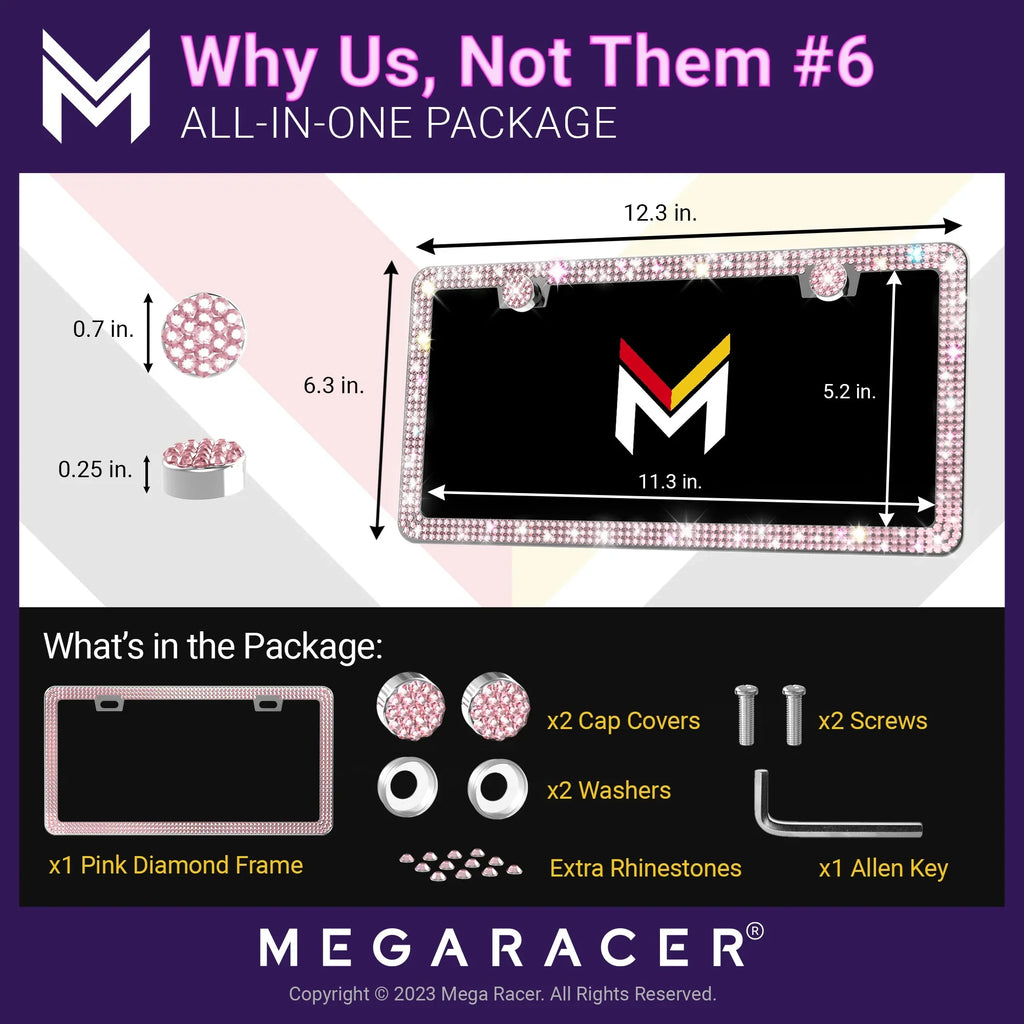 Mega Racer Nissan Rogue Bling License Plate Memory Diamond Pink Rhinestones, 2 Holes with Mounting Screws, Nissan Rogue 2008 - 2023 08 - 23 Sparkly Car License Plate Memory