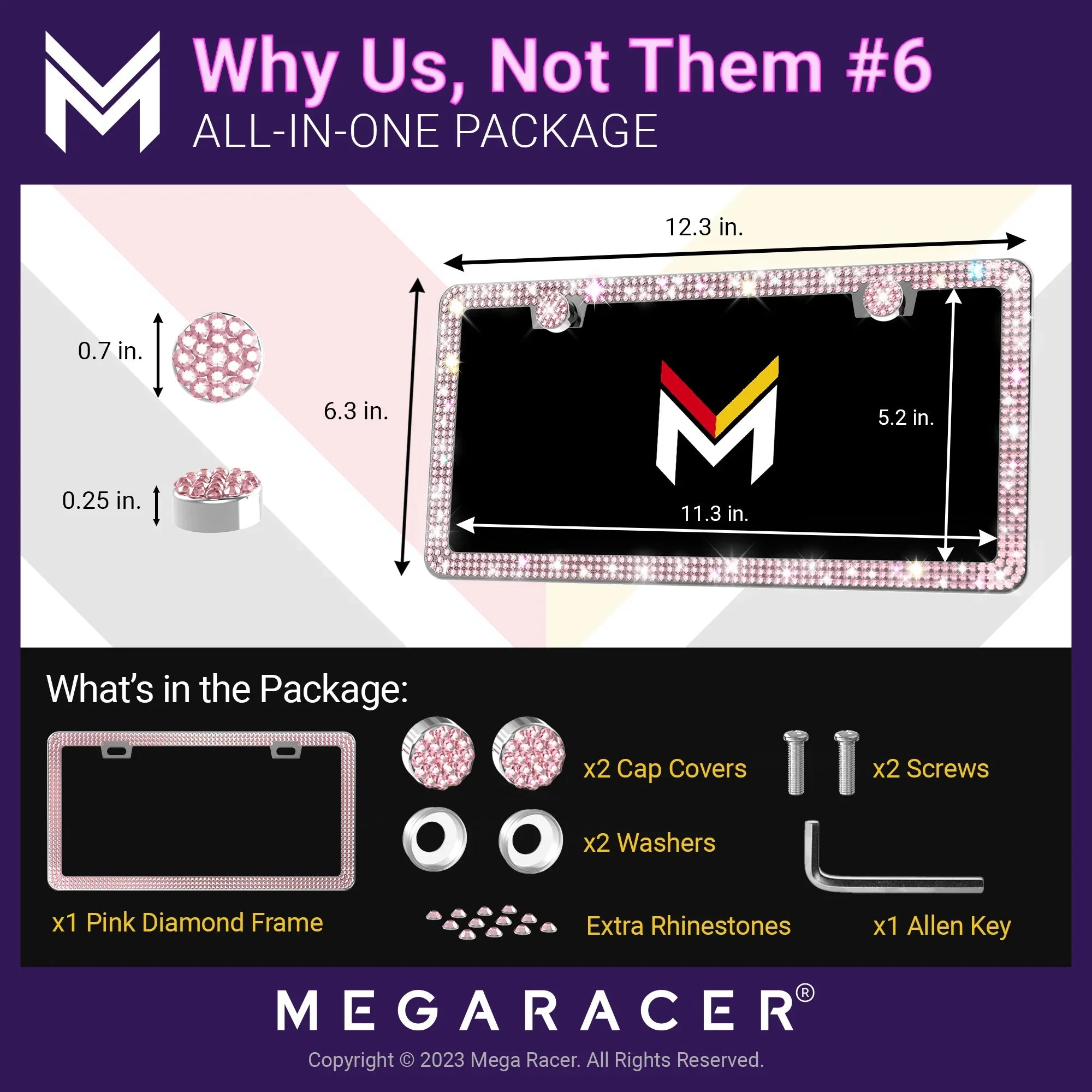 Mega Racer Nissan Rogue Bling License Plate Memory Diamond Pink Rhinestones, 2 Holes with Mounting Screws, Nissan Rogue 2008 - 2023 08 - 23 Sparkly Car License Plate Memory