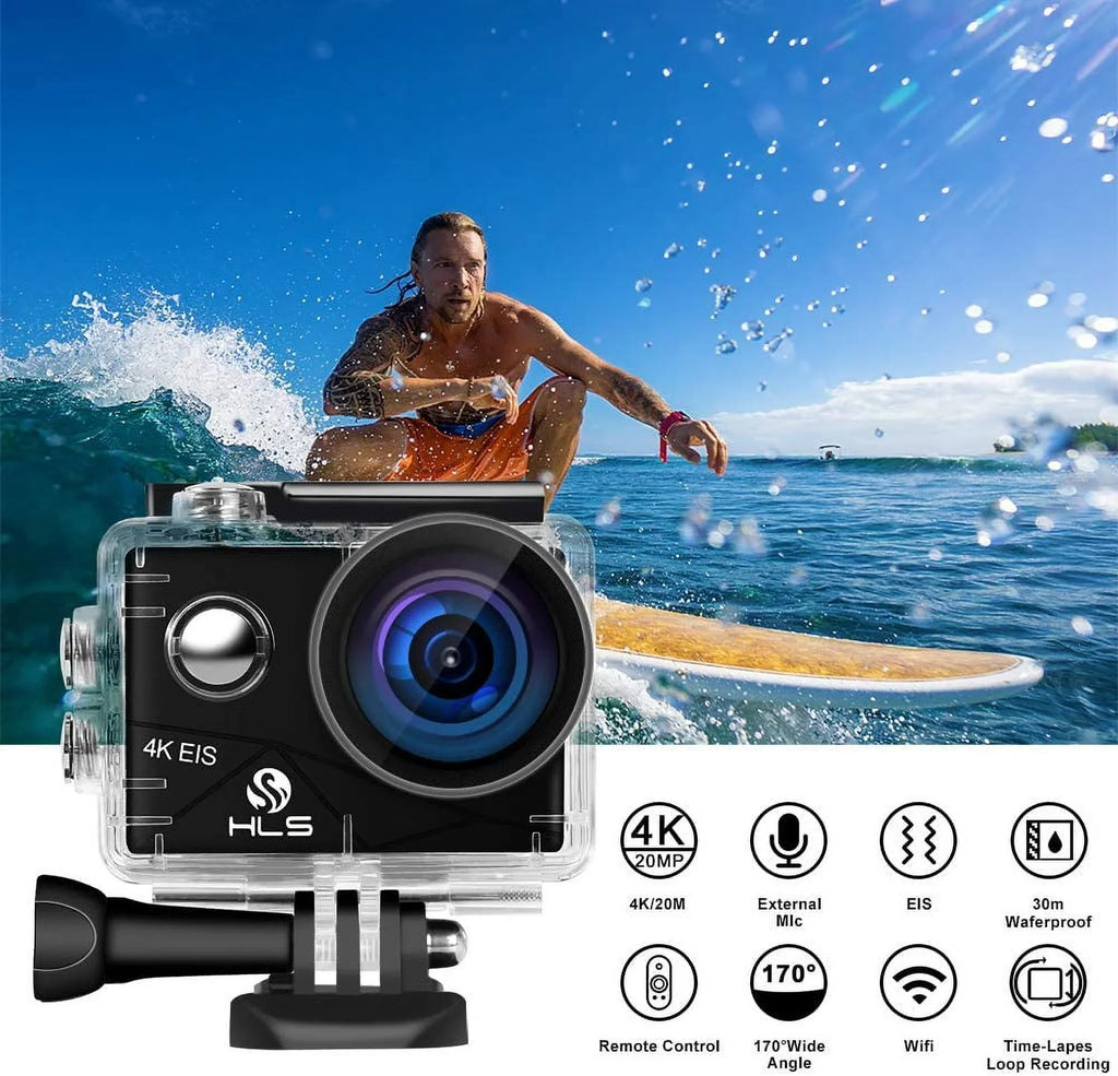 Video Action Camera 4K with Wide Angle Lens HD WiFi Underwater Camera with Waterproof Case Remote Outdoor Sports Camera for Vlog with Accessories Mount Kit Energy Source Charger