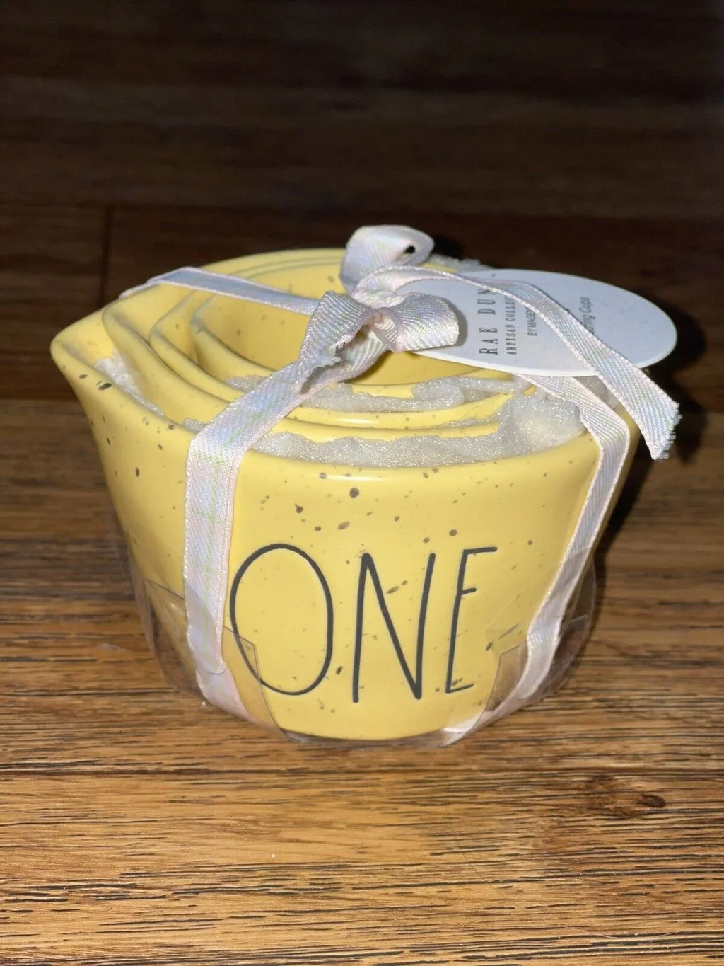 Rae Dunn Yellow Speckled Random Access Memory Measuring Cups Black Lettering 4-piece set includes 1 each of One Half Third Quarter Cup Kitchen