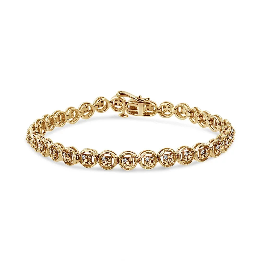 14K Yellow Gold Plated .925 Sterling Silver 1/10 Cttw Diamond Open Circle Wheel Link 7" Tennis Bracelet (I-J Color, I2-I3 Clarity)