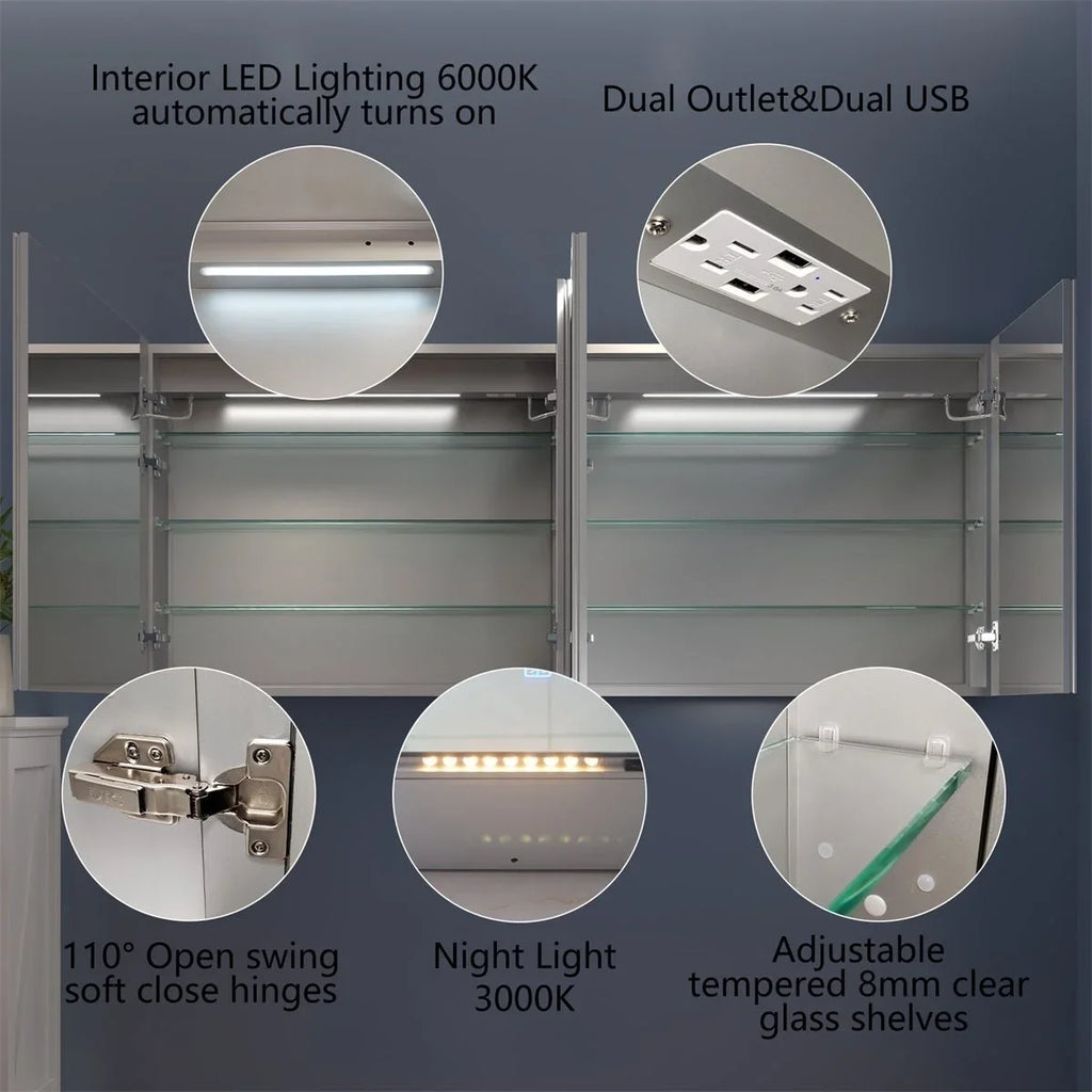 Rim 72" W x 32" H Lighted Medicine Cabinet Recessed or Surface led Medicine Cabinet with Outlets and USBs
