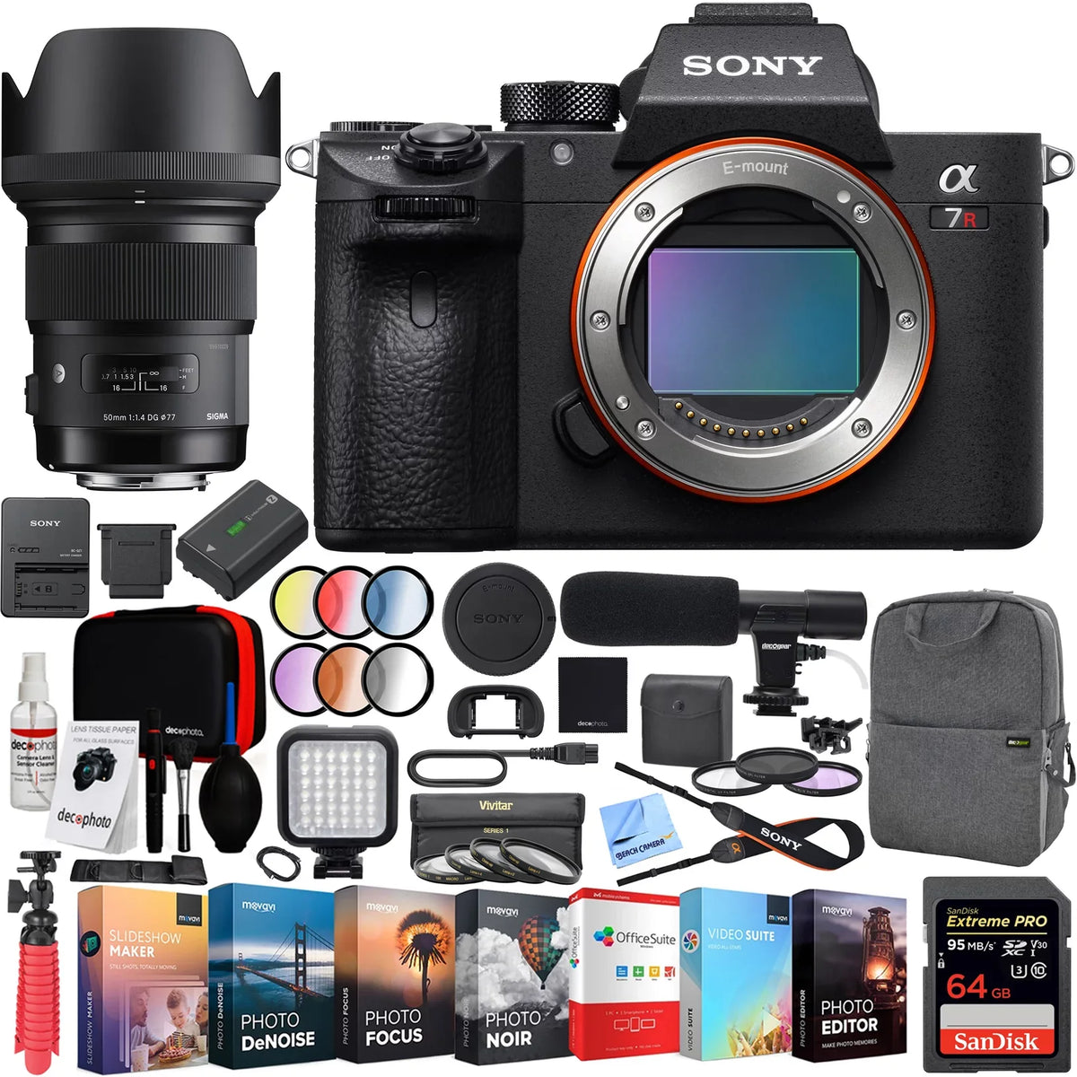 Sony a7R III 42.4MP Storage Mirrorless Interchangeable Lens Camera Body (ILCE7RM3/B) with Sigma 50mm F1.4 ART DG HSM E-mount Lens and Deco Gear Backpack Kit Microphone Editing Suite Bundle