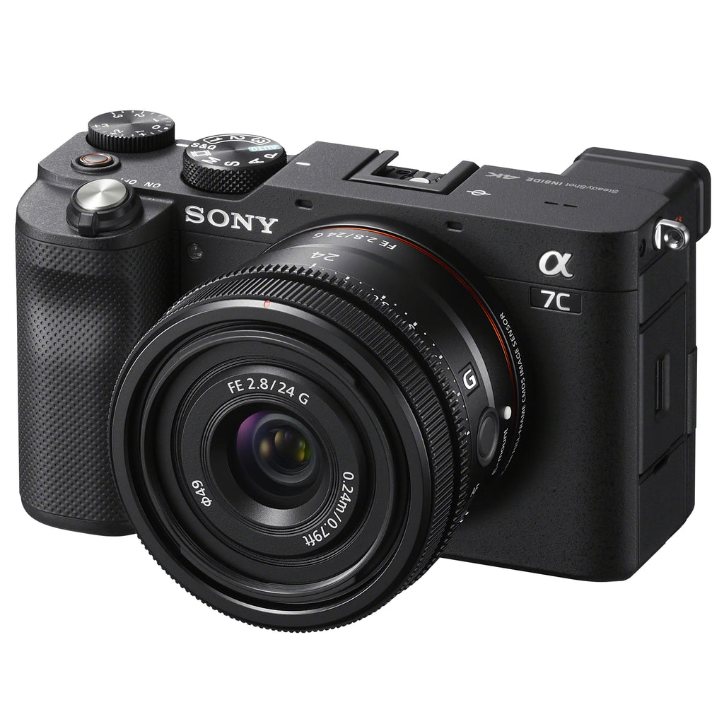 Sony a7C Mirrorless Full Random Access Memory Camera Body with Sony FE 24mm F2.8 G Compact Lens SEL24F28G Black ILCE7C/B Bundle with Deco Gear Photography Backpack Case + Microphone + LED + Monopod and Accessories