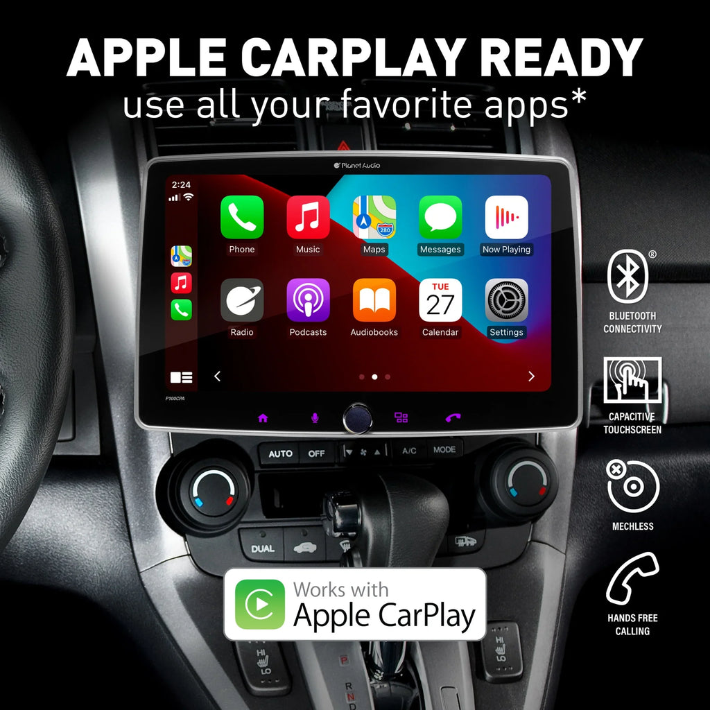 Planet Audio P100CPAC Car Stereo - Apple CarPlay, Android Auto, Single Din, 10.1 Inch Monitor Bluetooth, No CD DVD Player, AM/FM Radio Receiver, Backup Camera