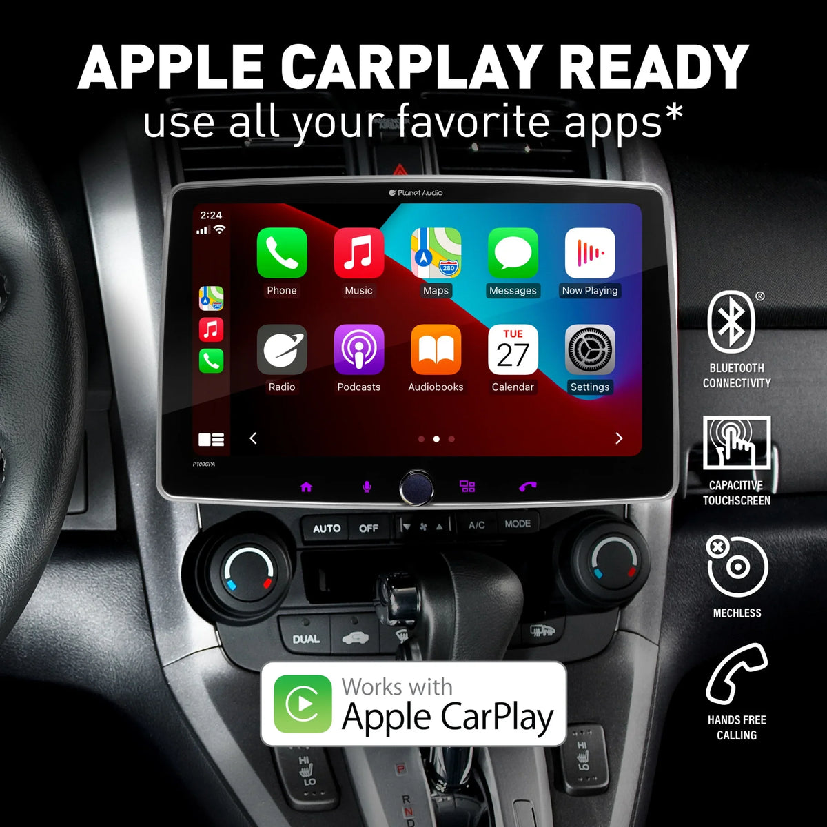 Planet Audio P100CPAC Car Stereo - Apple CarPlay, Android Auto, Single Din, 10.1 Inch Monitor Bluetooth, No CD DVD Player, AM/FM Radio Receiver, Backup Camera