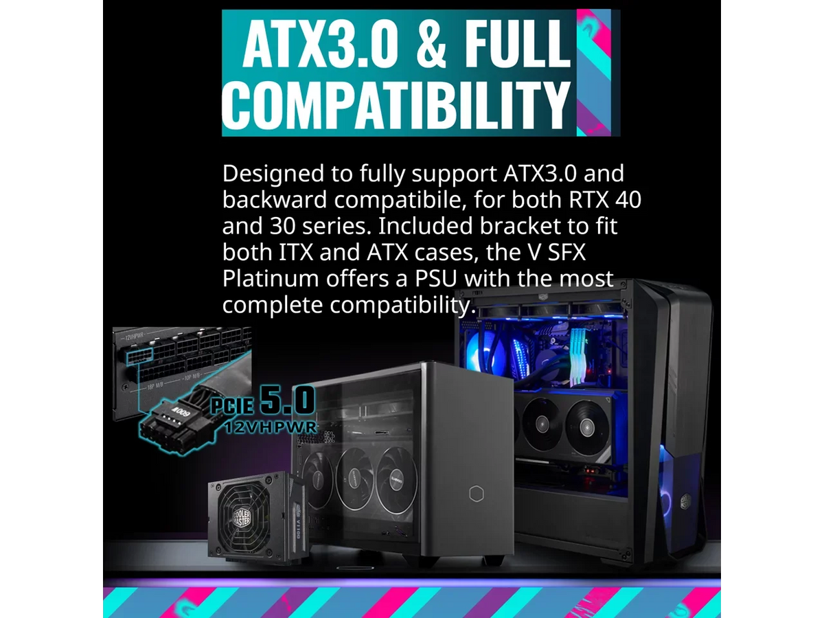 Cooler Master V1100 SFX Platinum Fully Modular, Fully ATX3.0, 1100W SFX, 80+ Platinum Efficiency, ATX Bracket Included, SFX Form Factor (MPZ-B001-SFAP-BUS)