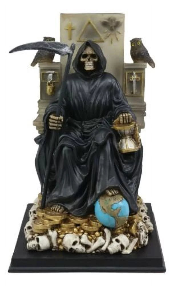 Black Santa Muerte Holding Scythe Seated On Throne Statue Our Lady Of Death