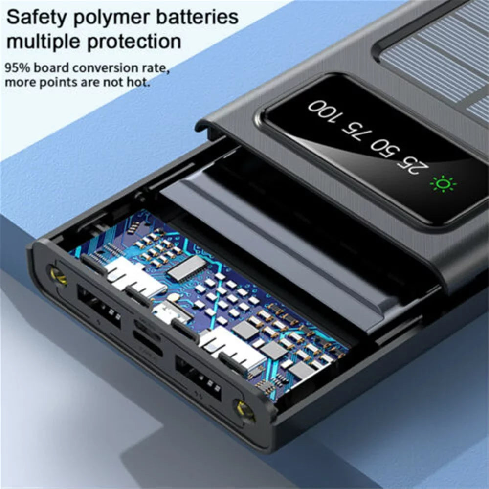Solar-Charger-Power-Bank - Portable Charger,20000mAh 4 Qi Charger Solar Panel Built-in 3 Kinds Output Cable and LED Flashlights