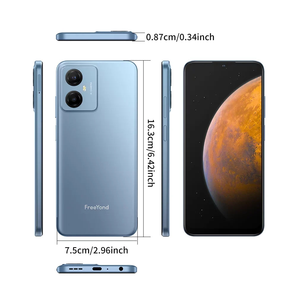 FreeYond F9 Smartphone, HD+6.52" Display Sim, Power Unit 5000 MAh, 64GB/128GB Rom, Real Camera 13+8MP With 2MP Macro